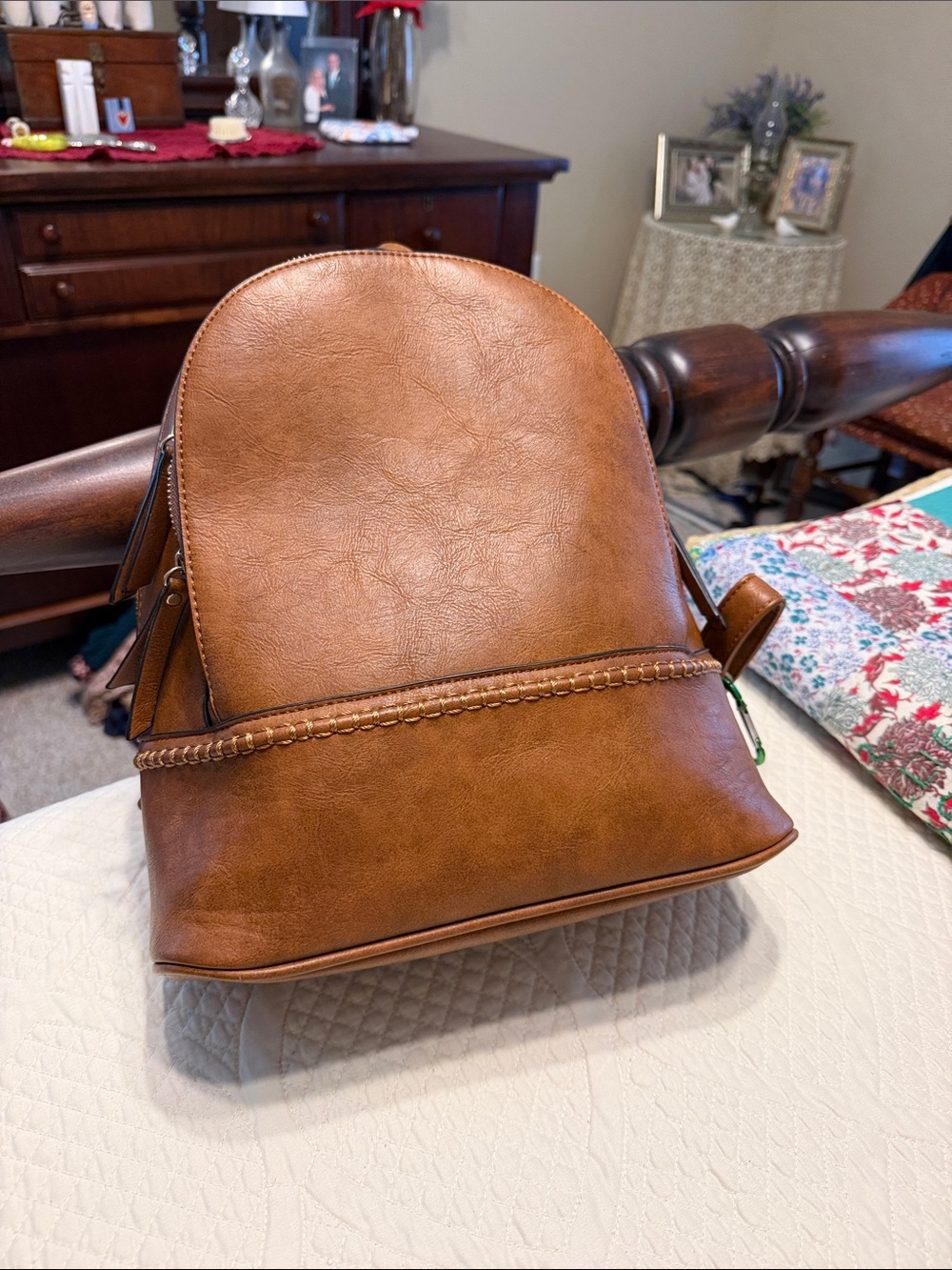 Men's Tan Leatherette Backpack with Braided Trim